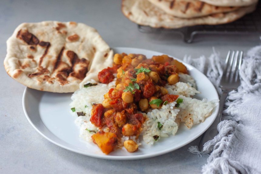 Chana Masala with Pumpkin and Crispy Coconut Rice and homemade Naan Bread