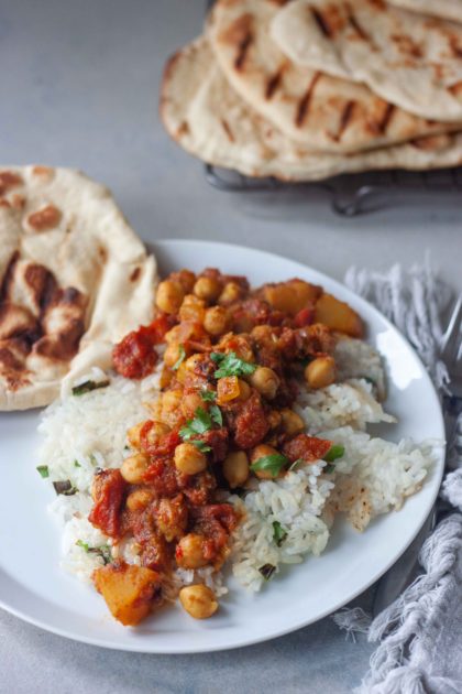 Chana Masala with Pumpkin and Crispy Coconut Rice and homemade Naan Bread