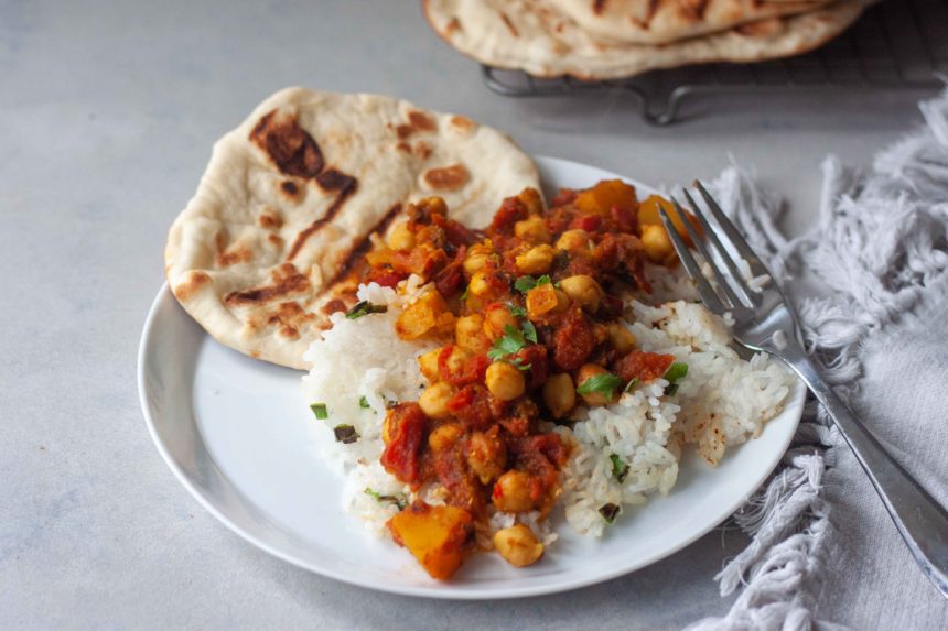 Chana Masala with Pumpkin and Crispy Coconut Rice and homemade Naan Bread