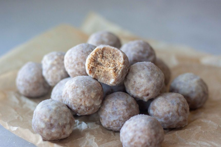 No Bake Maple Glazed Cinnamon Donut Holes with bite of one