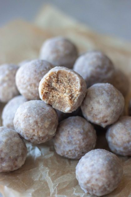 No Bake Maple Glazed Cinnamon Donut Holes with bite