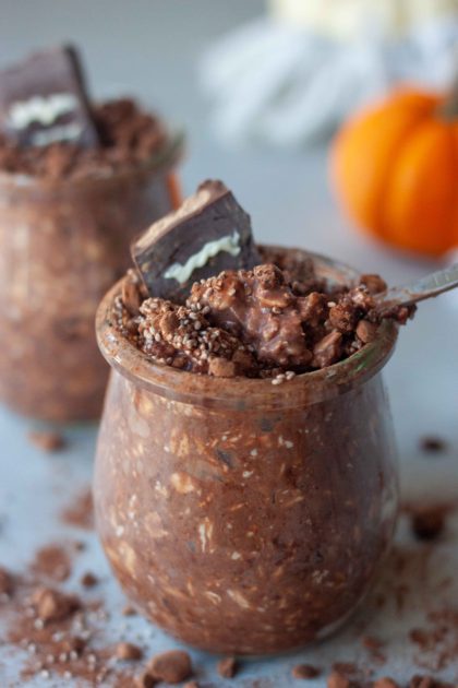 Healthy and nutritious grab and go Overnight Oat Graveyard Cups only take minutes to make, customizable, and can be enjoyed warm or cold. No tricks this one is a real treat! Any day that starts with breakfast already made and chocolate has to be a good day! Vegan and gluten free friendly. 