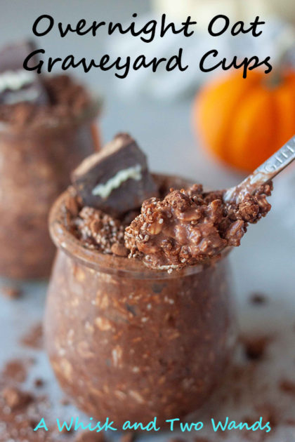 Healthy and nutritious grab and go Overnight Oat Graveyard Cups only take minutes to make, customizable, and can be enjoyed warm or cold. No tricks this one is a real treat! Any day that starts with breakfast already made and chocolate has to be a good day! Vegan and gluten free friendly. 