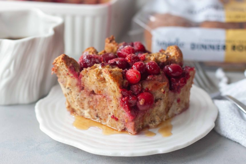 Cran-Berry French Toast Bake on plate with coffee in mug