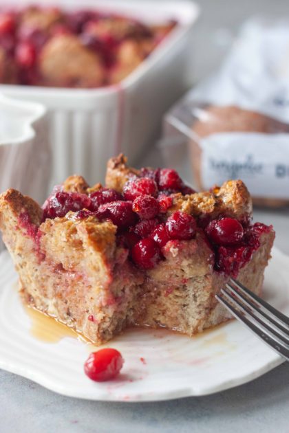 Cran-Berry French Toast Bake with fork and piece missing.