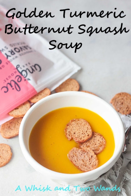 Nothing hits the spot on a chilly day like soup. Golden Turmeric Butternut Squash Soup topped with Angelic Bakehouse Sprouted Pickled Sweet Onion & Beet Crisps is a healthy and delicious way to warm up!