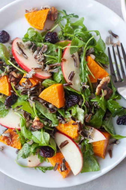 Plate of Wild Rice Roasted Butternut Squash Salad with fork.