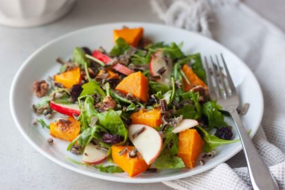 Plate of Wild Rice Roasted Butternut Squash Salad with fork.