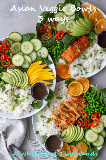 Asian Veggie Bowls (3 ways with Orange Chicken and Salmon options) are simple, anything but boring, delicious grain bowls that are packed with whole food flavor and easily customizable for the whole family. Easy to make, can be prepped ahead for a quick weeknight dinner (Meatless Monday) or lunch. Plant-based, gluten free, vegan friendly.