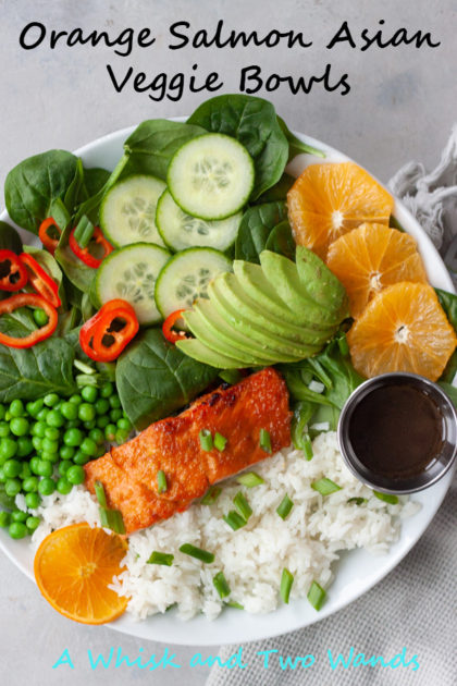 Orange Salmon Asian Veggie Bowls are one of the ways to customize my Asian Veggie Bowls adding salmon! Simple, anything but boring, delicious grain bowls that are packed with whole food flavor and easily customizable for the whole family. Easy to make, can be prepped ahead for a quick weeknight dinner.