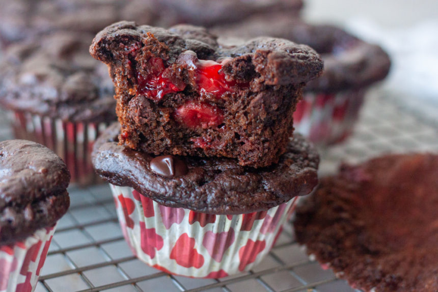 Stacked Chocolate Cherry Oat Muffin showing inside