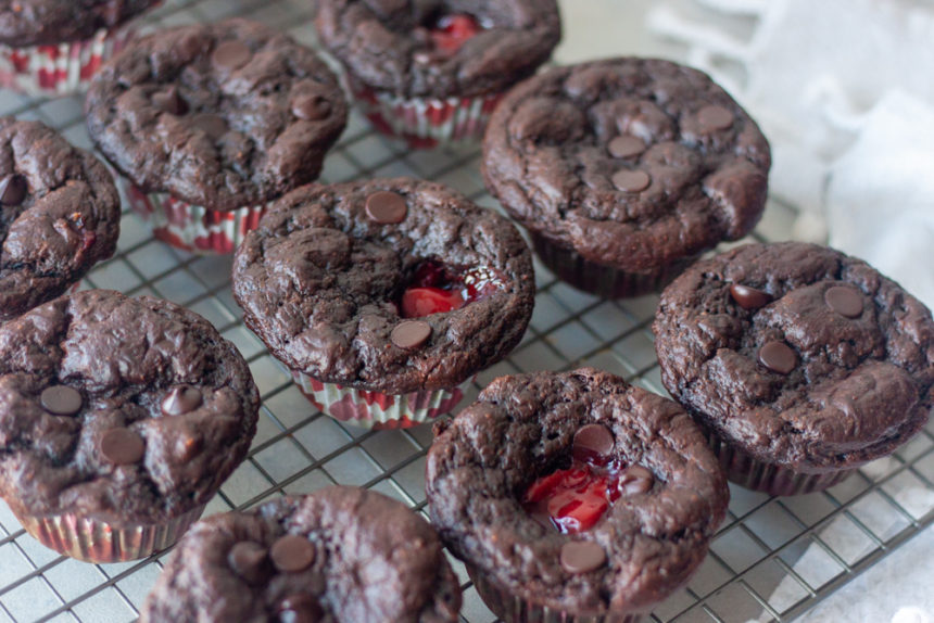 Cooling rack of Chocolate Cherry Oat Muffins