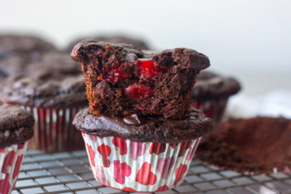 Stacked Chocolate Cherry Oat Muffin showing inside