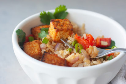 Peruvian Tofu Oven Fried Rice Bowl with fork