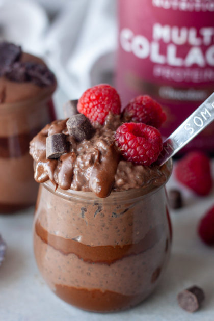 For The Love Of Chocolate Chia Pudding Cups with raspberries and spoon