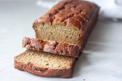 Sliced loaf of Life Is Bananas Blender Banana Bread