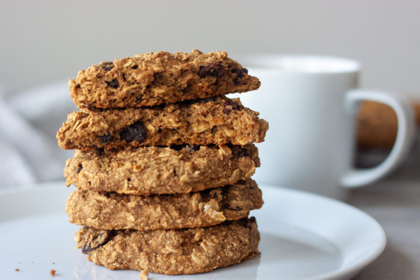 Stack of Oatmeal Raisin Breakfast Cookies with coffee