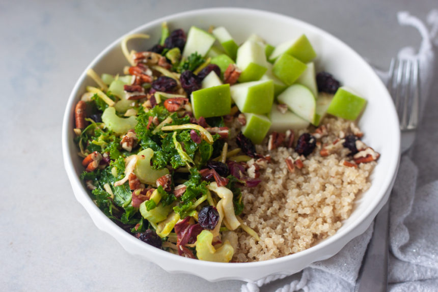 Bowl with Crunchy Cran-Apple Quinoa Salad and fork.