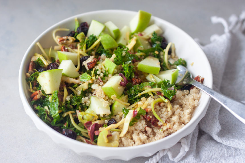 Bowl with Crunchy Cran-Apple Quinoa Salad and fork.