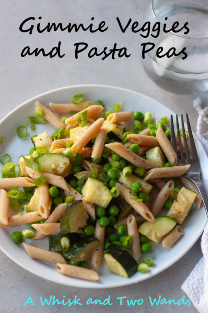 A quick, simple, delicious, and versatile dinner that will have your whole family saying Gimmie Veggies and Pasta Peas! Made with a few pantry staples and fresh or frozen vegetables it's gluten free and vegan friendly. This version made with protein packed Banza chickpea pasta and a mix of fresh and frozen vegetables.