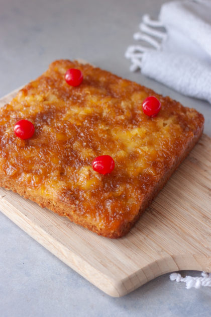 Pineapple Upside-Down Oatmeal Cake on cutting board