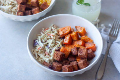 Fork with cripsy BBQ Tofu bowl margarita