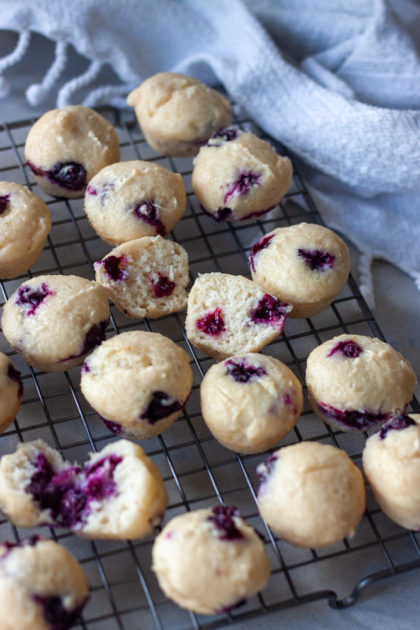 Baking rack with mini blueberry muffins