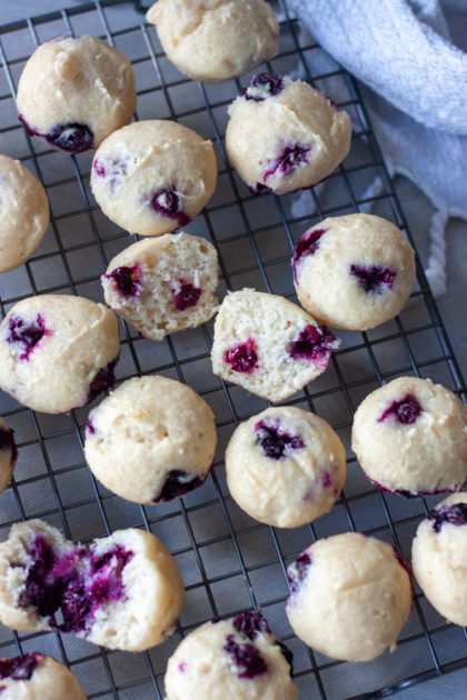 Baking rack with mini blueberry muffins