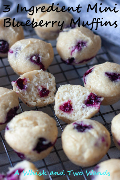 Simple 3 Ingredient Mini Blueberry Muffins are moist, delicious, and will disappear they're so good! Made with box cake mix, apple sauce, and blueberries it's a kid approved recipe and one they can even make themselves, or with a little help.