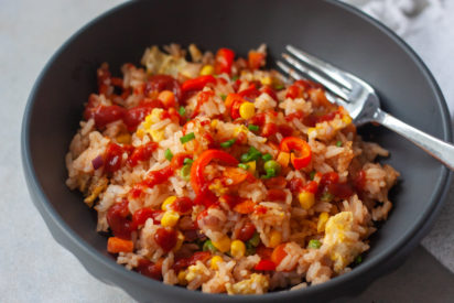 BBQ Fried Rice in bowl with fork