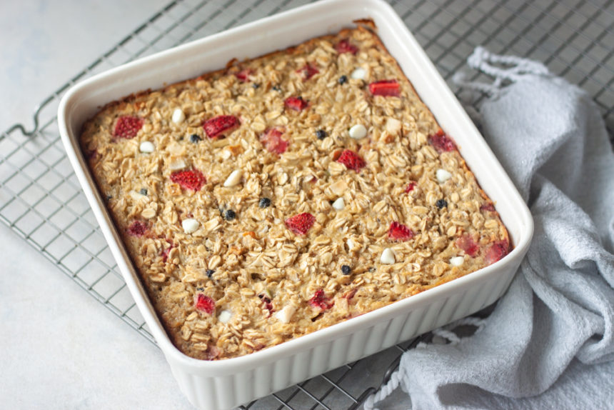 pan with Red White Blueberry Muesli Baked Oatmeal