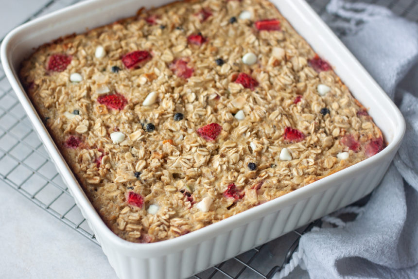 pan with Red White Blueberry Muesli Baked Oatmeal