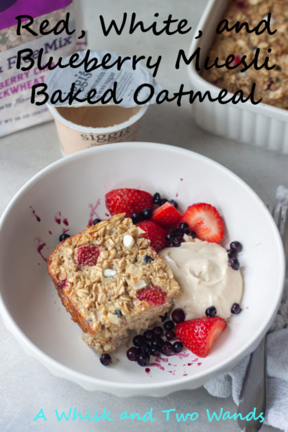 Red, White, and Blueberry Muesli Baked Oatmeal is simple healthy breakfast and great to make ahead to make mornings easier, and a little sweeter! Simple whole food ingredients it's gluten free, with a vegan option, that the whole family will love.