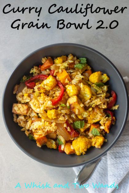 Flavor and nutrition packed gluten free and vegan Curry Cauliflower Grain Bowl 2.0 is meal prep friendly and great for lunch or dinner. Brown rice, roasted curry cauliflower, sauteed red pepper and onions, roasted sweet potatoes, optional crispy citrus tofu, fresh mint, and a Ginger Curry Dressing!