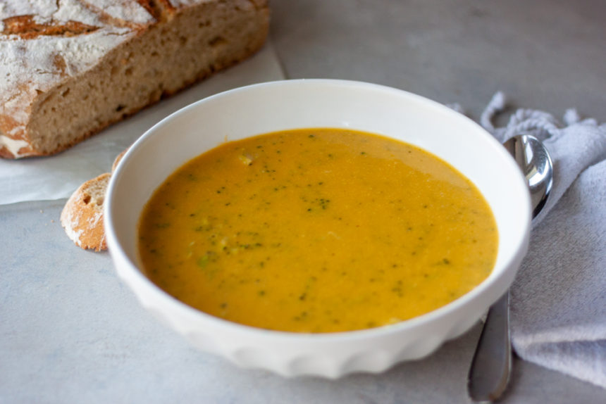 Bowl of Cheesy Broccoli No Cheese Soup