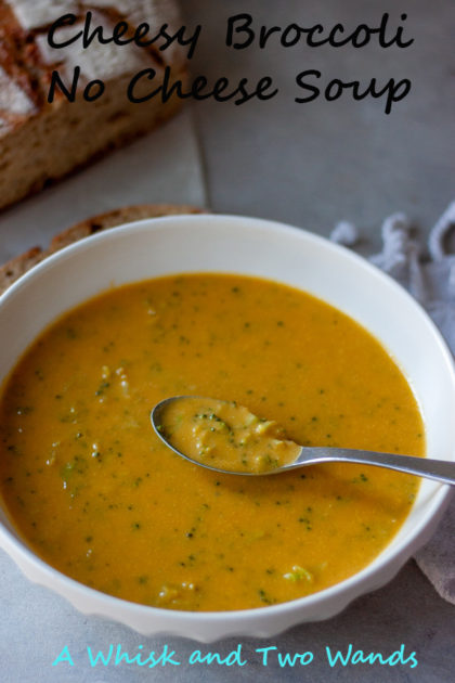 Cheesy Broccoli No Cheese Soup is everything you want from traditional broccoli cheese soup but better! Creamy and delicious without the heavy dairy so your tummy is just as happy after as you are eating it. This healthier version is dairy free, gluten free, and vegan friendly.