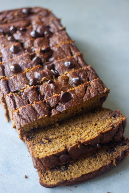 sliced Salted Caramel Chocolate Chip Pumpkin Bread