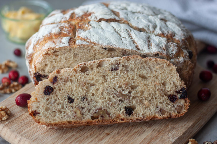 Cranberry Walnut Spelt Sourdough Bread slice