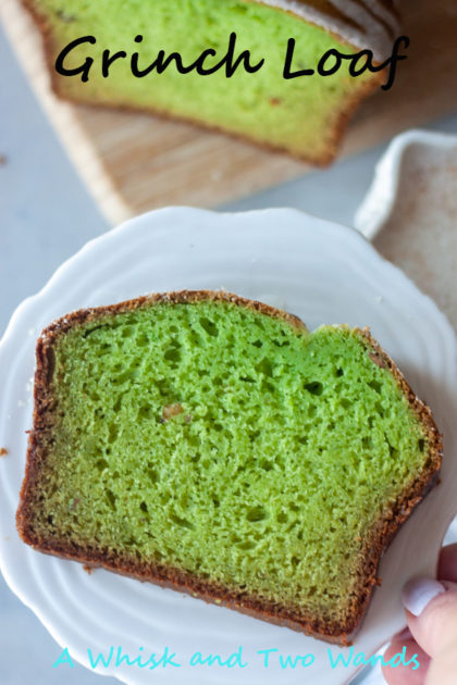 Lighter than a pound cake this Grinch Loaf is a sweet bread with flavors of pineapple and pistachio pudding. It gets an extra green boost of green from frozen spinach. A thick slice is sure to calm the Grinch in anyone.