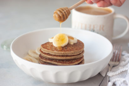 honey drizzle, bowl, banana, pancakes, coffee