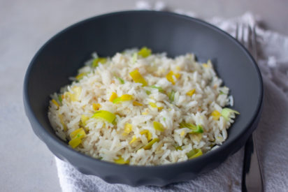 Ginger Garlic Fried Rice in bowl with fork