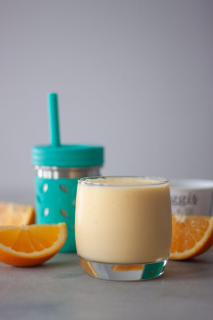 Mango Orange Key Lime Smoothies, toddler cup, orange wedges, yogurt container