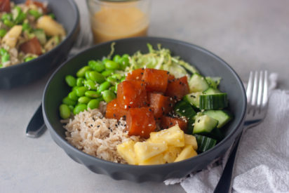 beet poke bowl cucumber, rice, fork