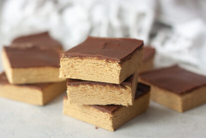 Salted Caramel Peanut Butter Chocolate Protein Bars stacked